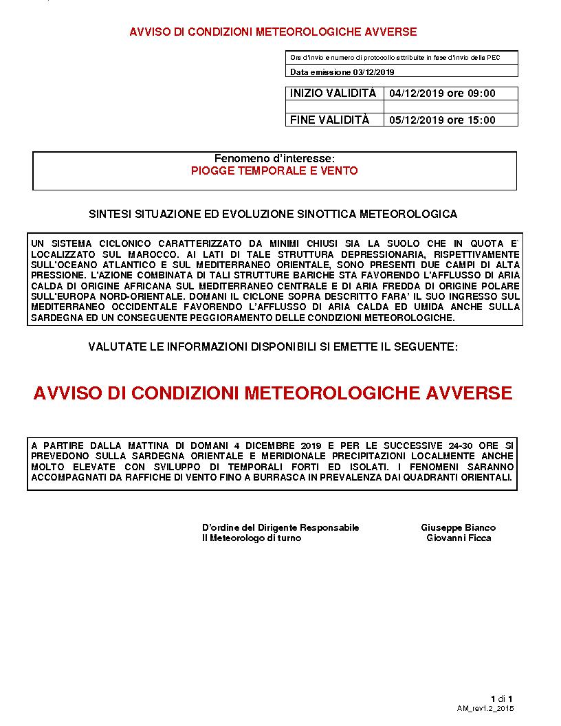 AVVISO DI CONDIZIONI METEO AVVERSE