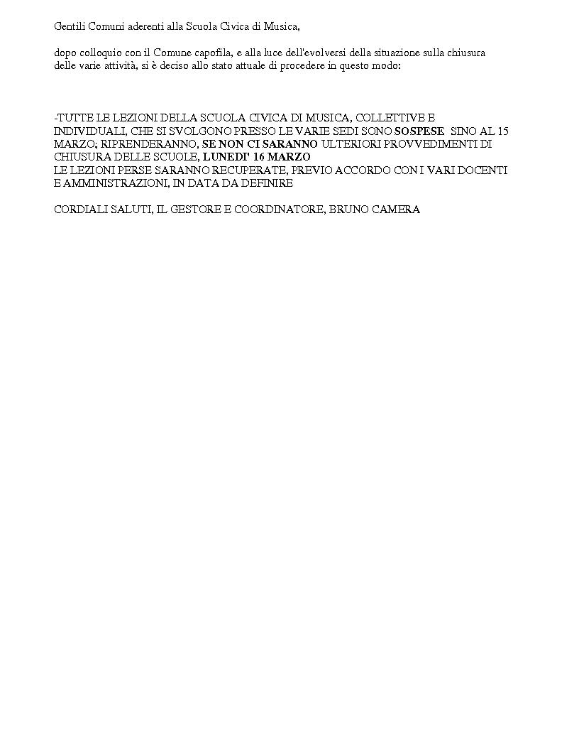 Avviso sospensione lezioni Scuola civica di musica